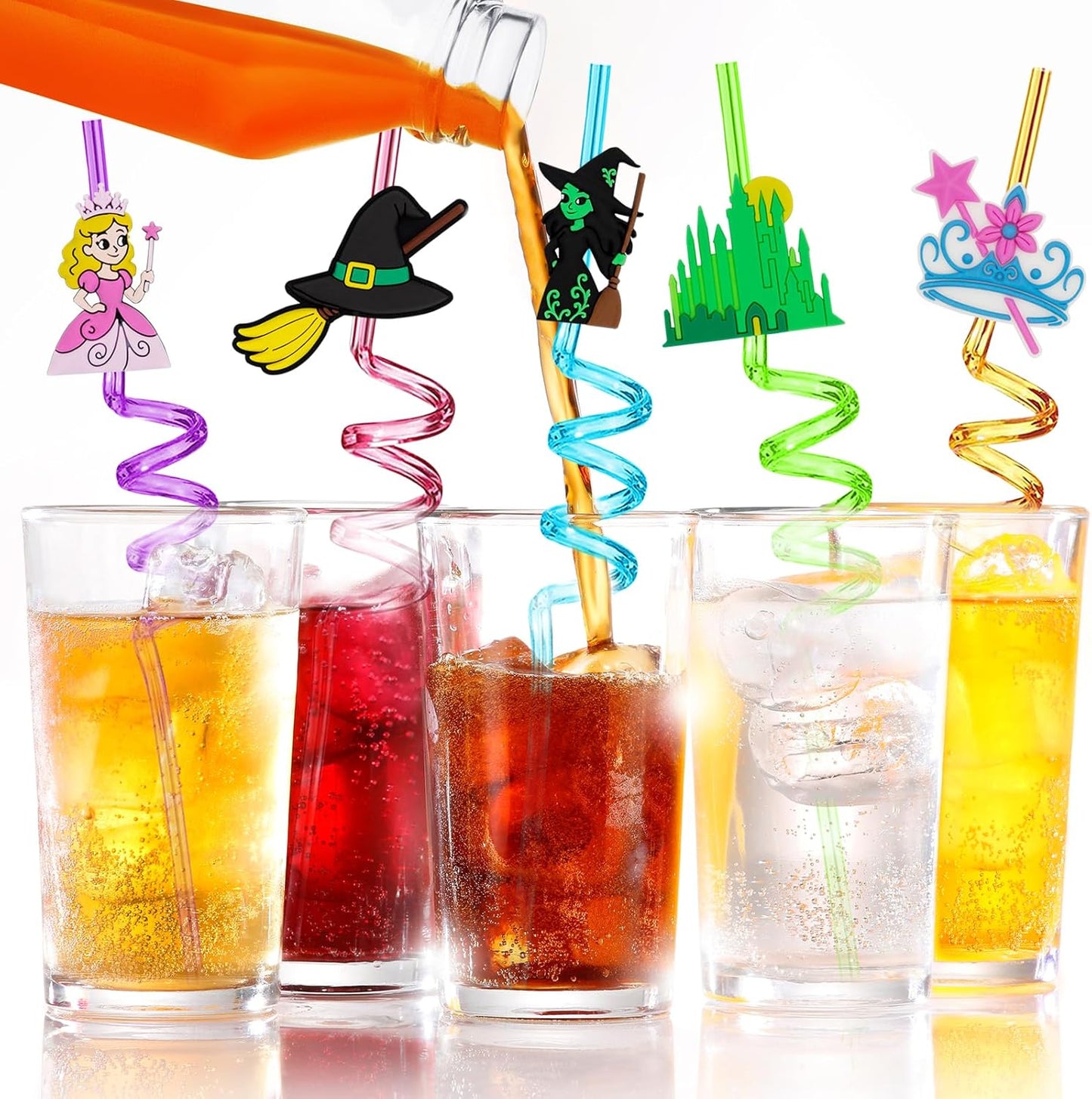 Witch and Princess Reusable Straws Wizard Birthday Party Decorations Fun Witch Straws Pink & Green Themed Party Decor Birthday Supplies with 2 Brushes