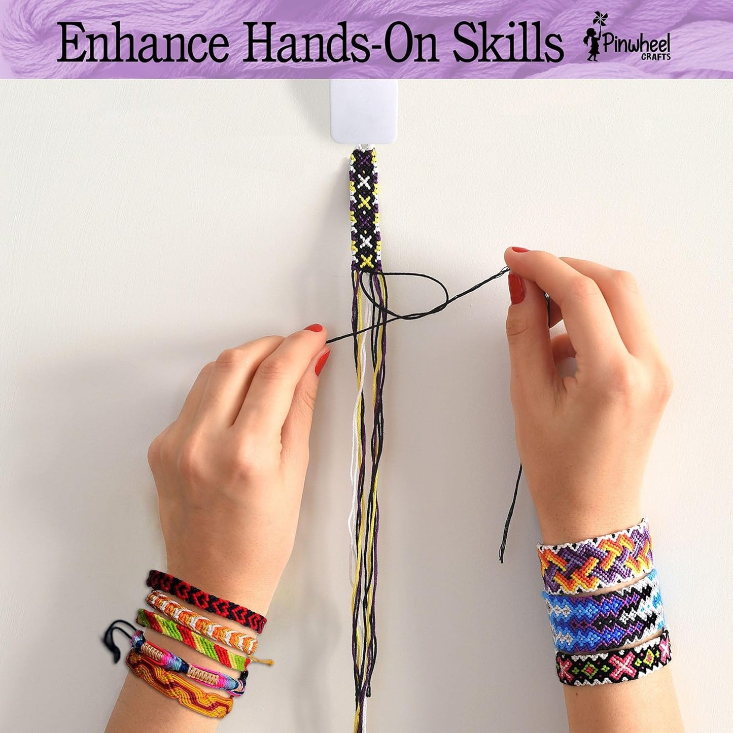 Pinwheel Crafts Friendship Bracelet Kit – DIY String Bracelet Making Kit for Girls 8-12 – 100 Floss, Colored/Metal Beads, Braiding Clip, Design Book – Jewelry Making Set for Girls Gift