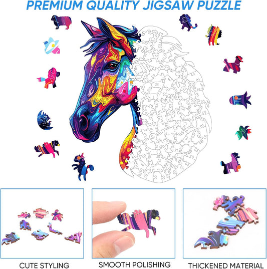 Reouinty Puzzles for Adults 1000 Piece, Horse Liberty Cool Puzzles Wooden Jigsaw 22 * 25.6 in, Unique Shape Animal Adult, Irregular Wood Best Gift for Adults and Kids Family Game