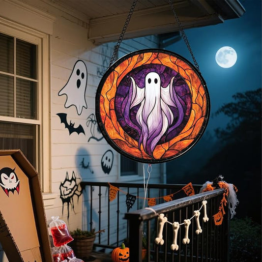 Stained Glass Window Hanging - Halloween Decorations White Purple Ghost Suncatcher for Doors Garden Indoor Spooky Funny Sun Catchers Gothic Decor Horror Gifts for Women Men Friend 11.8 in