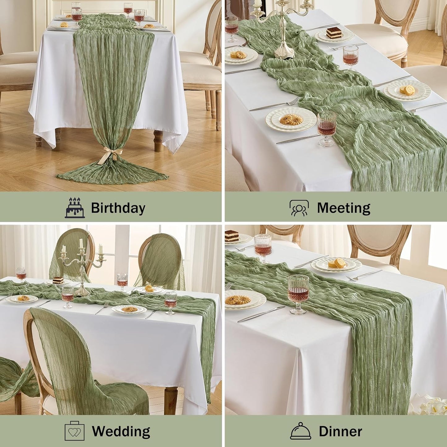 Fanami 1 Pack Cheesecloth Table Runner -10FT Sage Green Boho Gauze Cheese Cloth Table Runner 120 Inches Long Rustic Sheer Fabric Centerpieces for Wedding Birthday Party Bridal Baby Shower Decorations