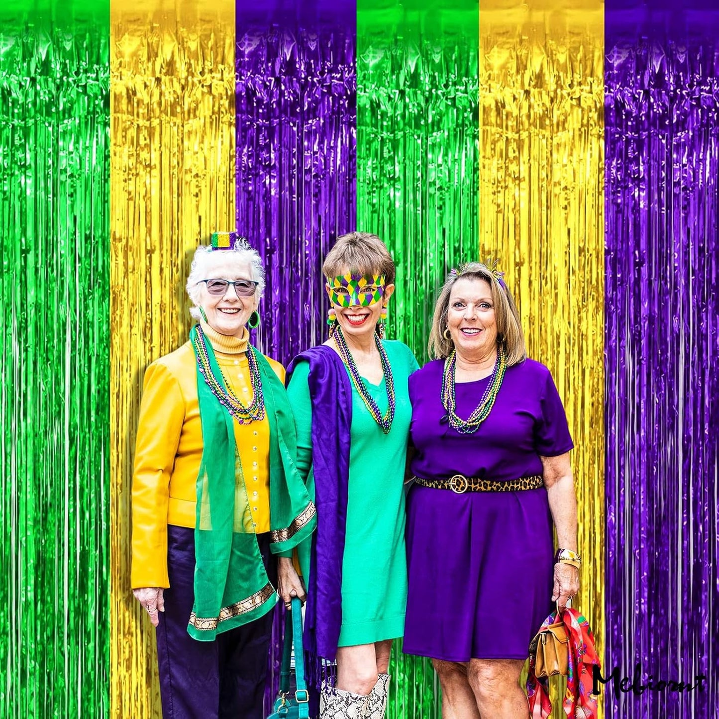 4 Pack 3.2Ft x 6.6Ft Mardi Gras Fringe Curtain Backdrop, Gold Green Purple Metallic Tinsel Foil Fringe Streamers Curtains Background for Photo Booth Birthday Wedding Carnival Party Decorations