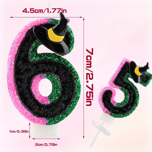 Pink Green Birthday Number 9 Candles for Cake, Pink Green Black Party Decorations, Witch Birthday Decorations for Girls
