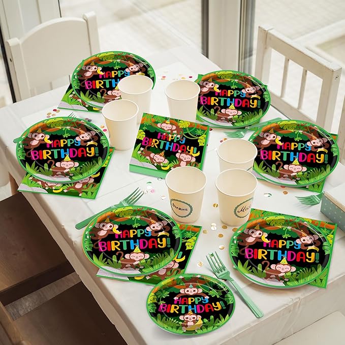 96 Pcs Monkey Birthday Party Supplies Jungle Monkey Birthday Paper Plates Napkins Jungle Animal Party Decorations Wild Animal Disposable Dinnerware Favor for Kids Baby Show Tableware Serves 24