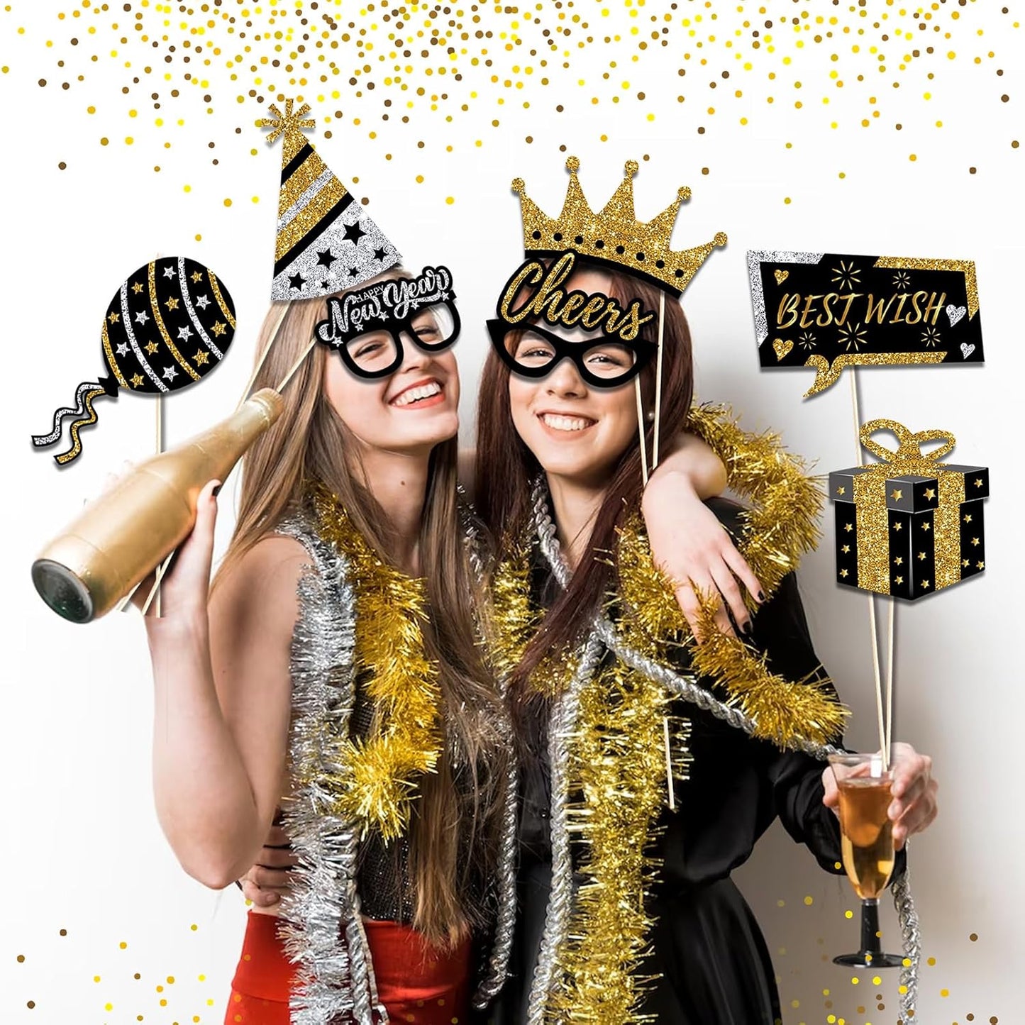 New Years Eve Photo Booth Props 2026, 30 Pcs Black Gold and Silver Funny New Years Eve Party Photo Booth Props for Happy New Year 2026 Party Decorations