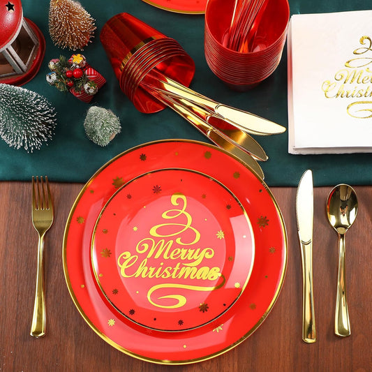 Sliner 350 Pcs Christmas Plastic Tableware Bulk, Red and Gold Tableware Set, Disposable Xmas Dinnerware with Dinner Plates, Dessert Plates, Forks, Knives, Spoons, Cups, Napkins for Holiday Party