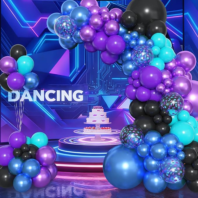 Amandir 153pcs Black Purple Blue Balloon Arch Garland Kit, Different Sizes 18 12 10 5 inch Confetti Teal Metallic Blue Purple Balloons for Video Outer Space Cat Themed Shower Birthday Party Decoration
