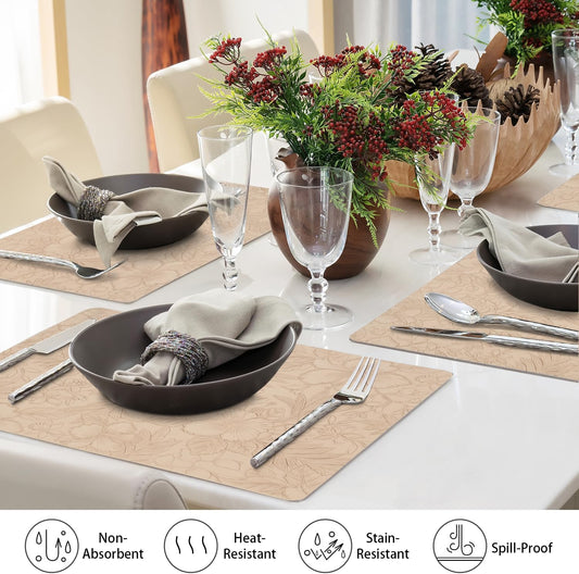 SolaraDawn Faux Leather Placemats Set of 4 Beige, 17" × 12" Waterproof & Heat-Resistant Dining Place Mats, Easy Wash Clean, Wipeable & Anti-Slip Table Mats with Shallow Embossed Texture