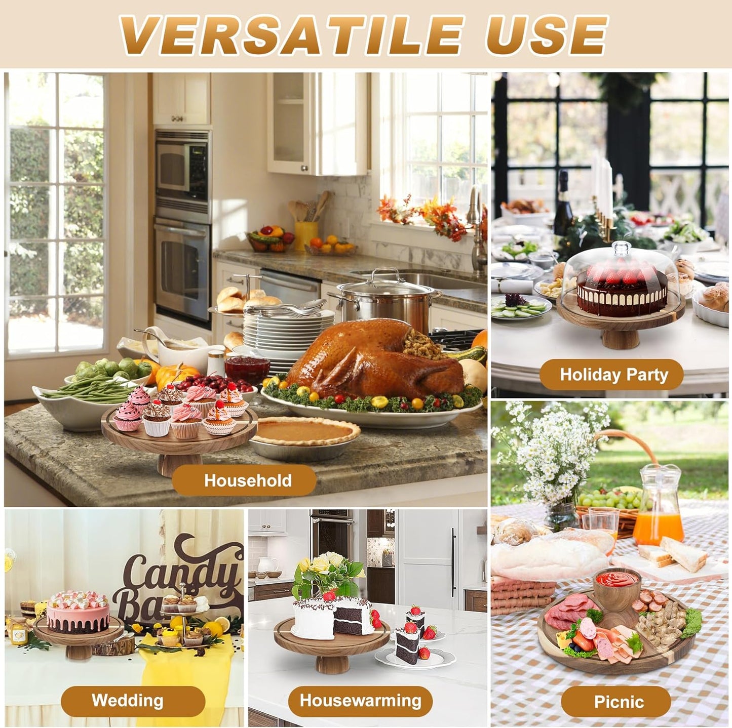 Acacia Wood Cake Stand with Lid, 12'' Round Cake Holder with Clear Acrylic Cover, 2 in 1 Dessert Table Display Set & Charcuterie Board, Kitchen Decor for Birthday or Wedding