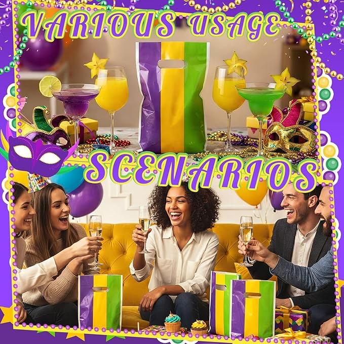 Frienda 100 Pcs Mardi Gras Plastic Gift Bags with Handles 9.84''x6.5'' Purple Yellow Green Plastic Candy Goodies Treat Favors for Event Mardi Gras Carnival Birthday Party Gift Wrapping Supplies