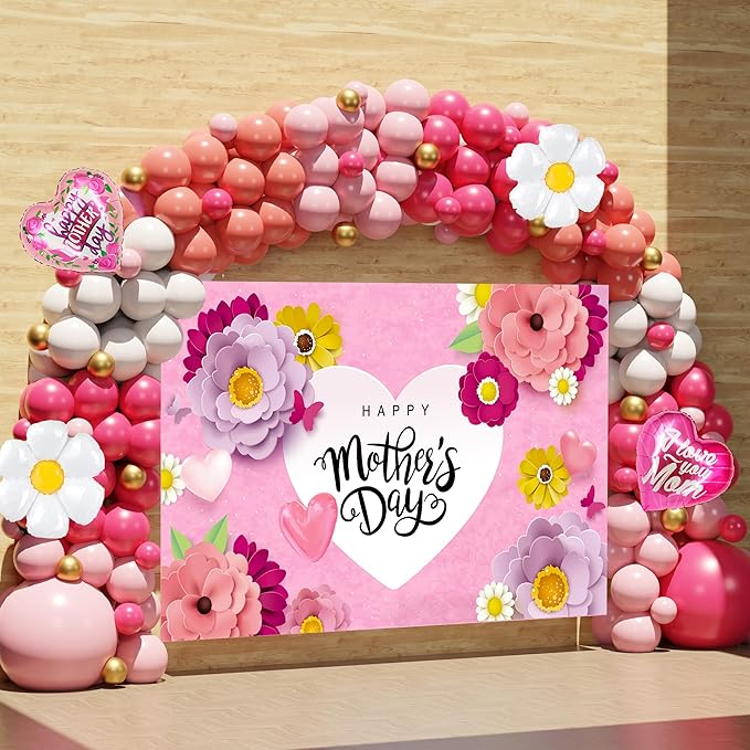 Mothers Day Decorations,146PCS Mother’s Day Balloon Garland Arch Kit Pink Rose Red Balloon with Large Happy Mother’s Day Backdrop, Mother’s Day Decorations for Party