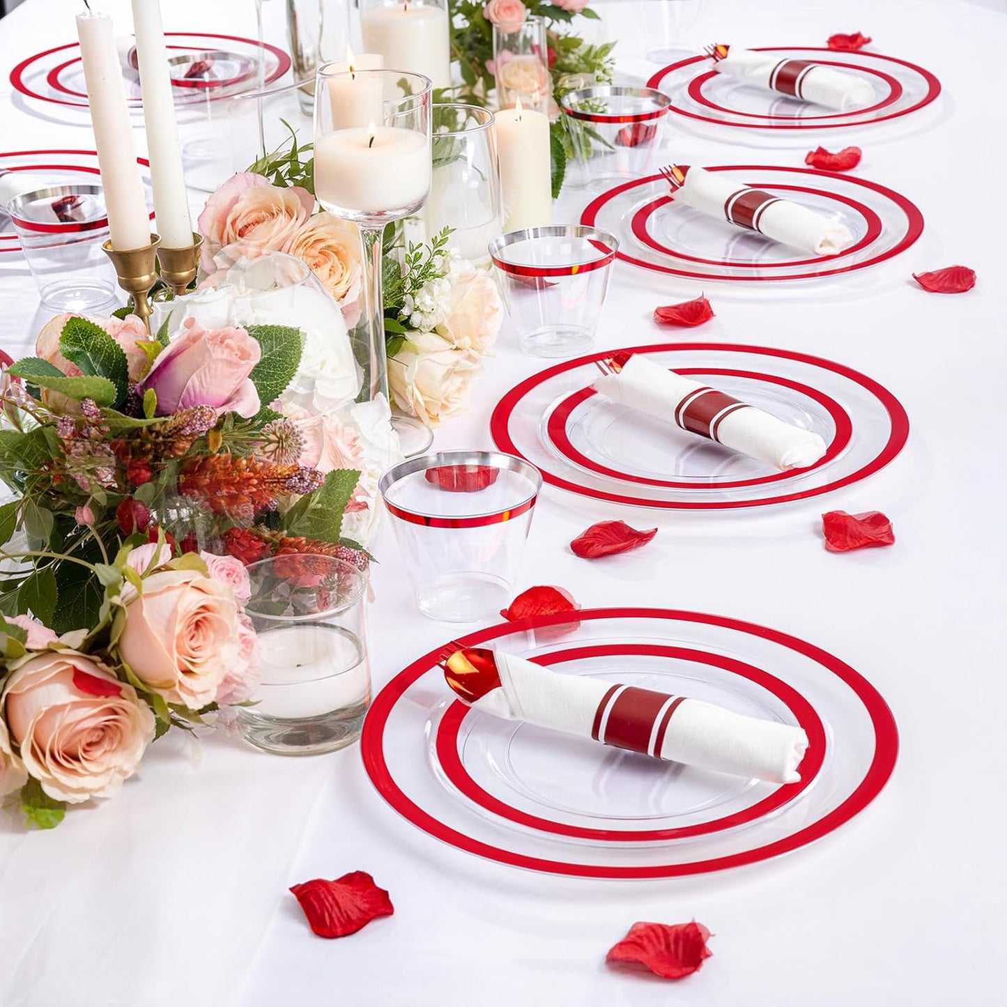 I00000 210 Pcs Red Dinnerware Set,Clear and Red Plastic Plates Include 30 Dinner Plates, 30 Dessert Plates,30 Cups,30 Rolled Napkins with Plastic Cutlery for Romantic Dinner, Christmas Party Supplies