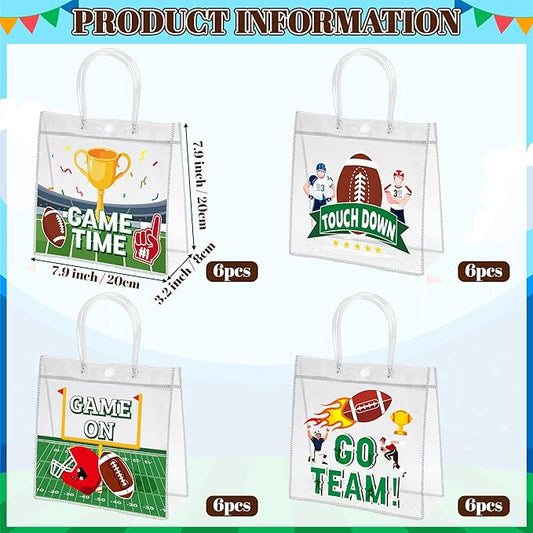 H1vojoxo Football Party Gift Bags - 24PCS Football Clear PVC Gift Bags with Handle Reusable Rugby Sports Goodie Bag for Boys Birthday Rugby Tote Bag for Snack Large Candy Treat Ball Themed Party Favor