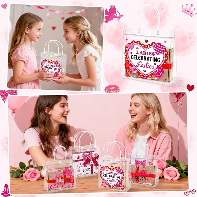 H1vojoxo Galentine's Day Gift Bags - 24PCS Galentine Clear PVC Gift Bags with Handle 7.9x3.2x7.9 Inches Reusable Galentine Goodie Tote Bag Be My Galentine Gift Wrap Bag for Valentine’s Day Party Favor