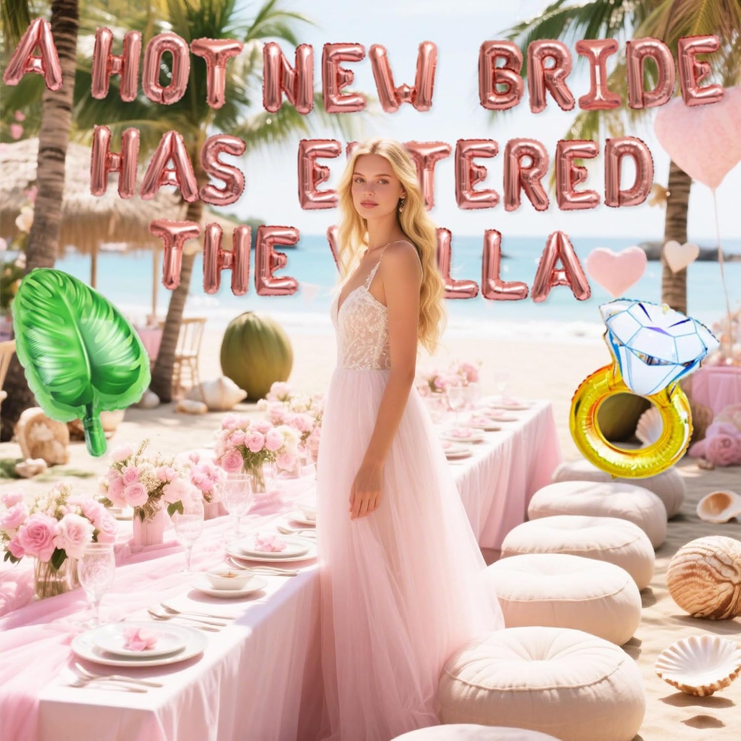 A Hot New Bride Has Entered The Villa Banner Balloons Palm Tree Ring Mylar Balloon for Love Island Themed Bachelorette Party Decorations