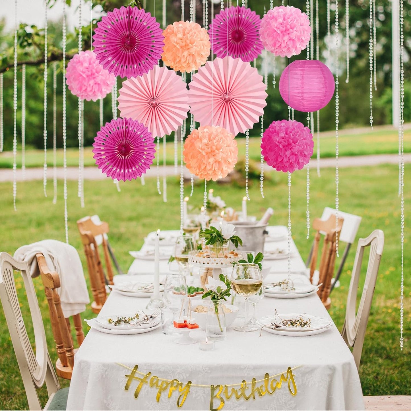 SUNBEAUTY Hot Pink Birthday Party Decorations for Girls Women with Happy Birthday Banner Hot Pink Paper Fans Tissue Pom Poms Lantern Decorations Birthday Decorations Kit