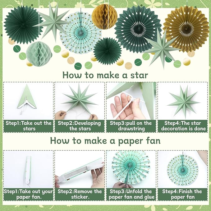 ADLKGG Sage Green Party Decorations, Hanging Paper Fans Circle Garland Paper Lanterns St Patrick's Day Party Supplies, Sage Green Themed Graduation Birthday Wedding Bridal Neutral Baby Shower Decor