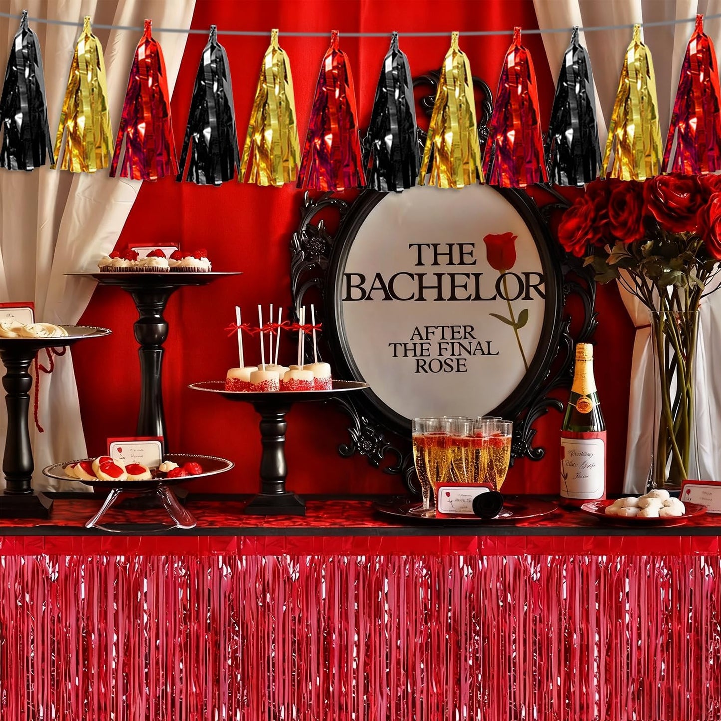 4P Red-Black Gold Tassel Banner Garland Metallic Foil Fringe Banner Tinsel Tassels Streamer Banner Backdrop for Parade Floats, 2025 Graduation Decorations, Baby Bridal Shower Party Decoration