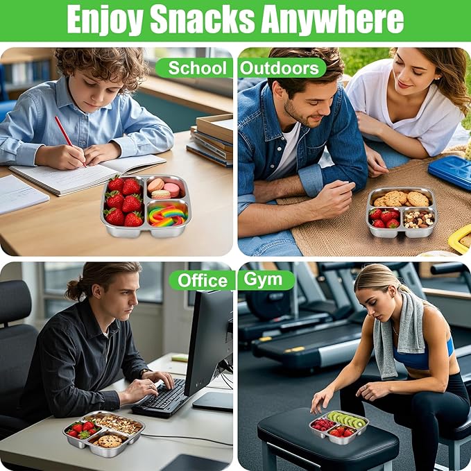 Palksky Snackle Box Container Stainless Steel, 4Pack Reusable Snack Bento Box with Lids, 3 Compartments Metal Food Storage Containers for Picnic, Travel