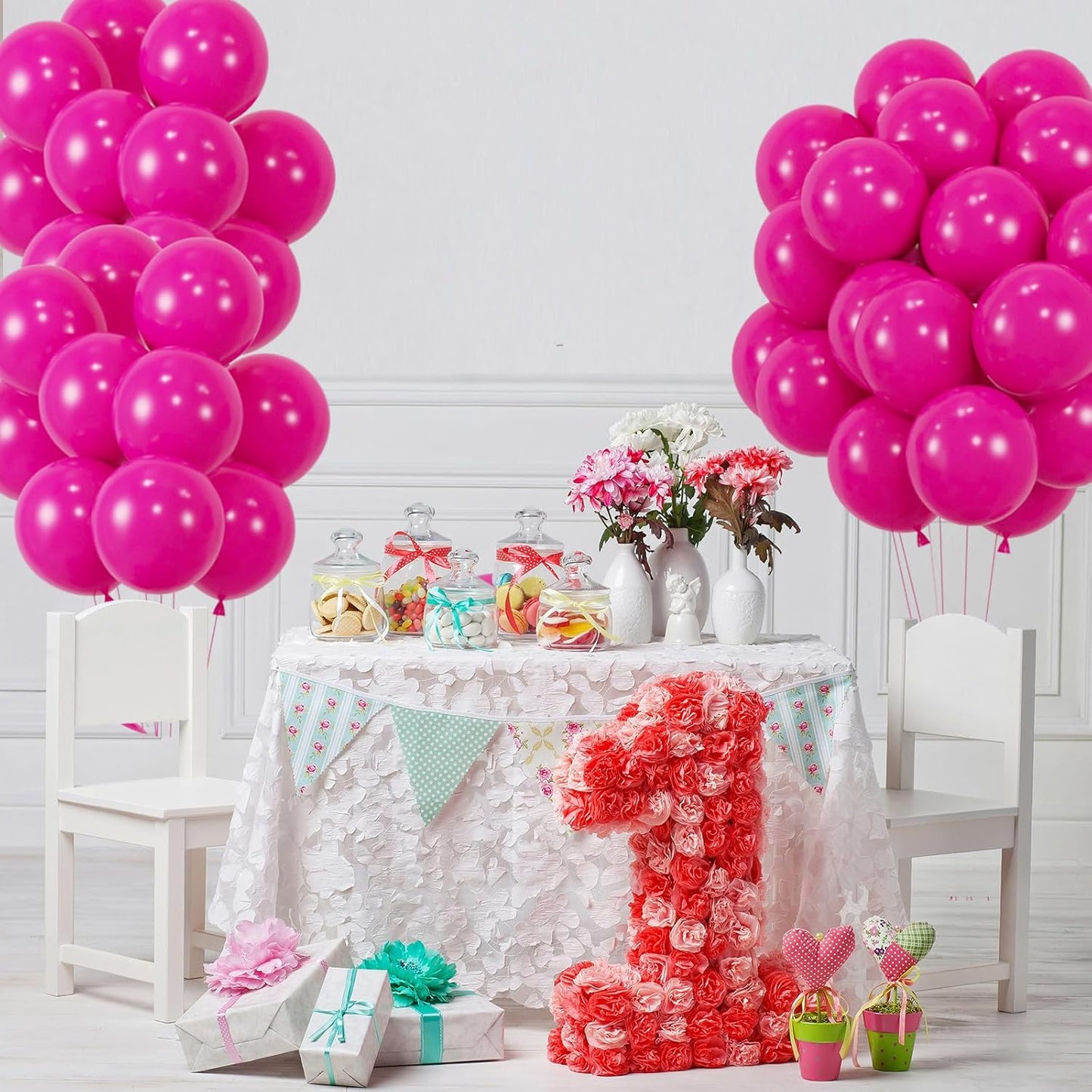 50pcs Hot Pink Balloons, Helium Quality 12inch Bright Pink Latex Balloons for Wedding Anniversary Valentine’s Tropical Party Decorations(With Ribbon & Glues)