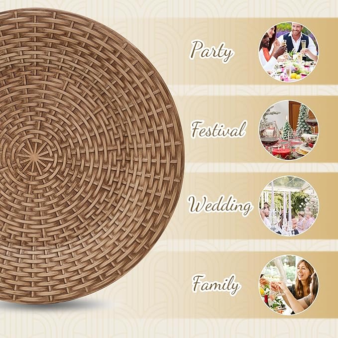 MAONAME Faux Rattan Charger Plates Set of 12, Table Chargers for Dinner Plates, 13" Round Brown Plate Chargers, Plastic Charger for Table Setting, Wedding Decor