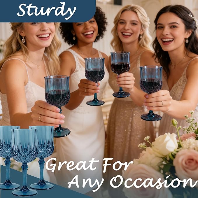 Plastic Wine Glasses, Plastic Goblets Vintage Style Cordial Unbreakable Drinking Glasses, Reusable Drinkware for Wedding Reception, Grand Event Party Supplies, Easter (24, Navy Blue)