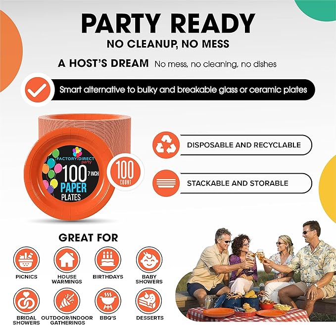 Exquisite Party Solids Orange Paper Plates Disposable Heavy Duty 7 Inch Orange Disposable Plates For Party 100 Pcs Heavy Duty 350 GSM, Birthday Supplies