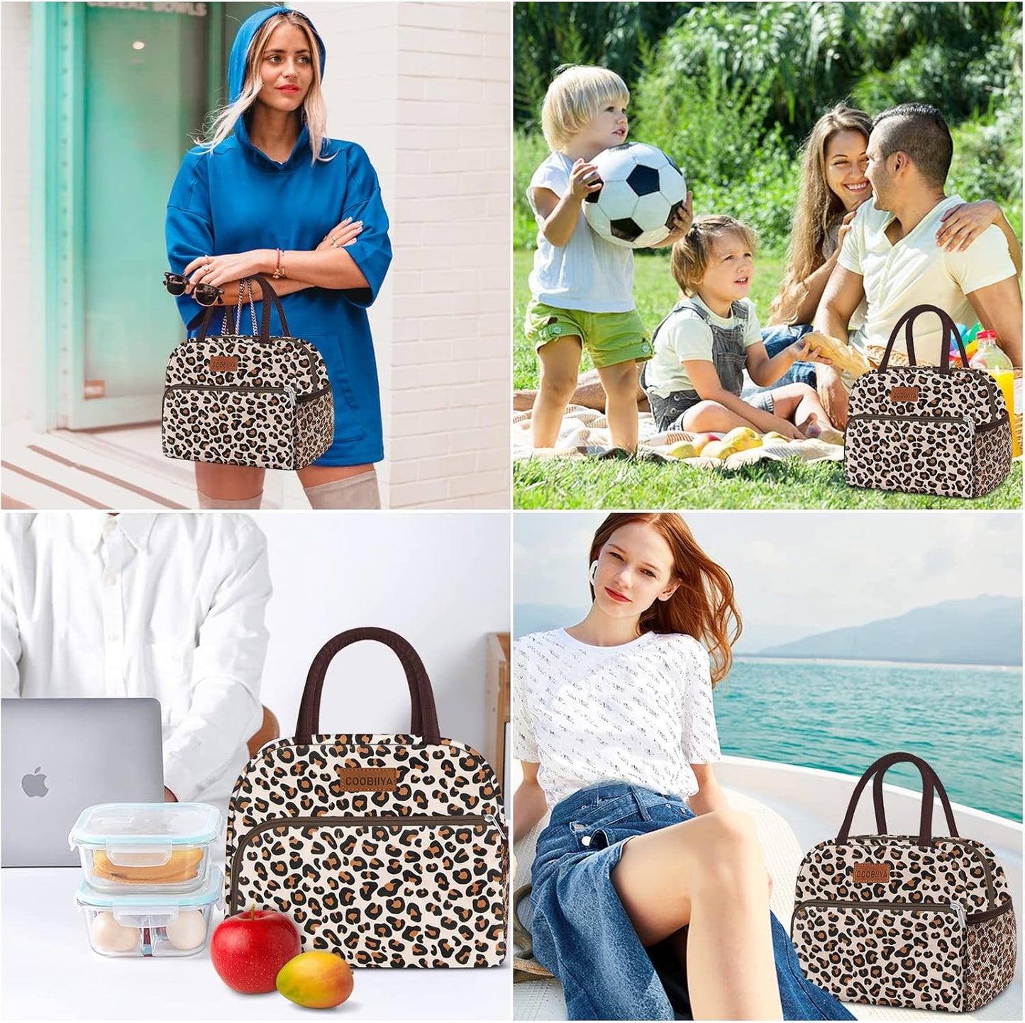 Coobiiya Lunch Bag box for Women, Small Cute Leakproof Lunch Pail Large Capacity Reusable Insulated Cooler Lunch Container for Work/Office/Picnic/Beach - leopard