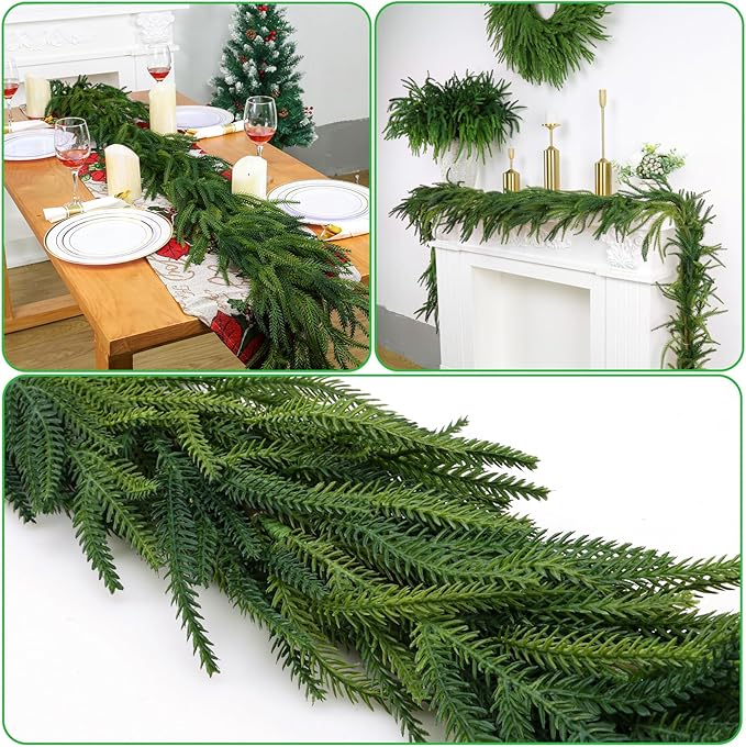 2 Pcs Artificial Norfolk Pine Garlands Christmas, 9 FT Dense Real Touch Winter Pine Garland Ornament, Green Artificial Greenery Garland for Table, Mantle, Wall, Indoor, Outdoor Christmas Decorations