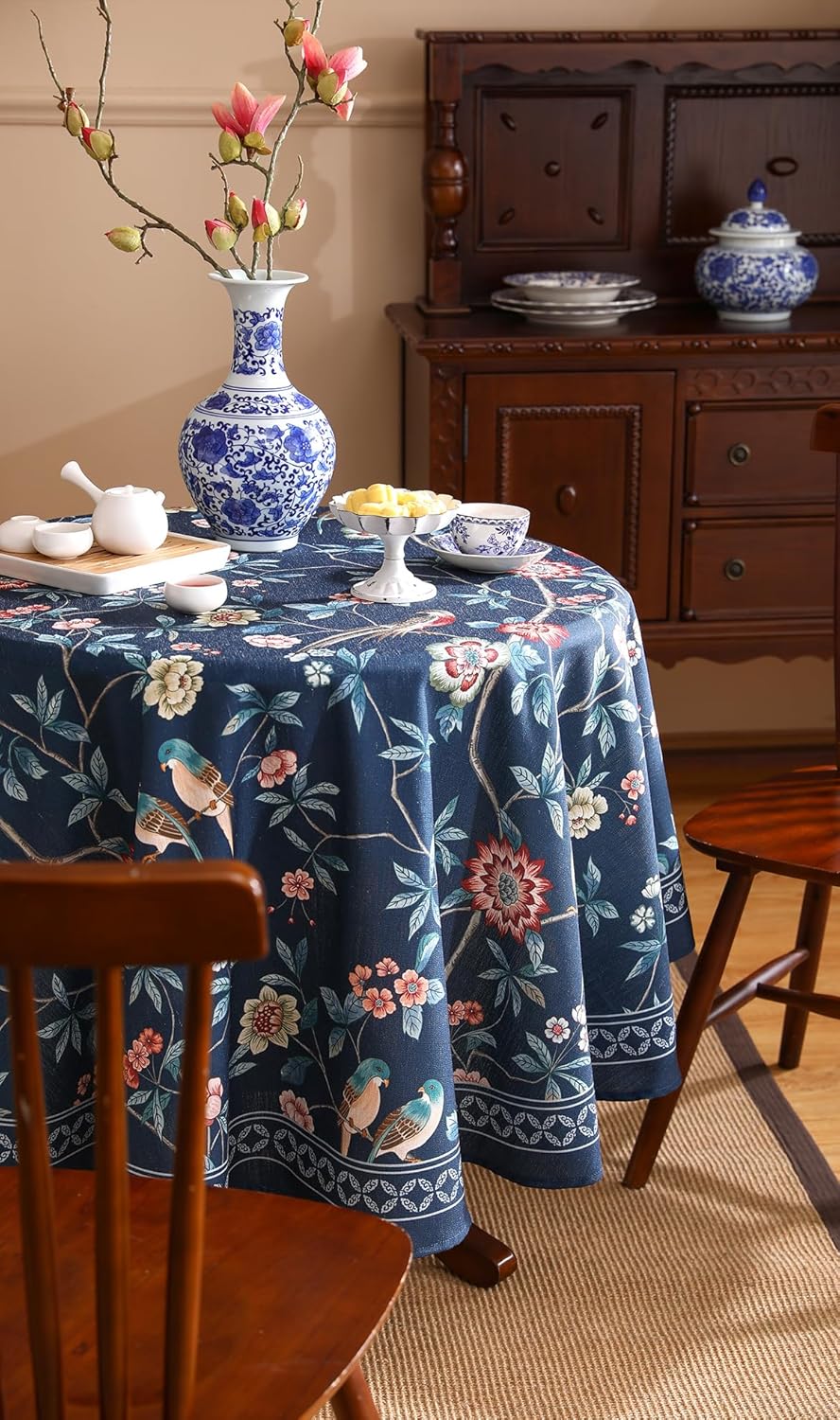 patdrea Designer Vintage Dark Blue Linen Round Tablecloth,Navy French Floral and Birds Pattern Table Cloth,Decoration Table Cover for Kitchen,Dining,Tea Party,Home,Christmas,Diameter 55"