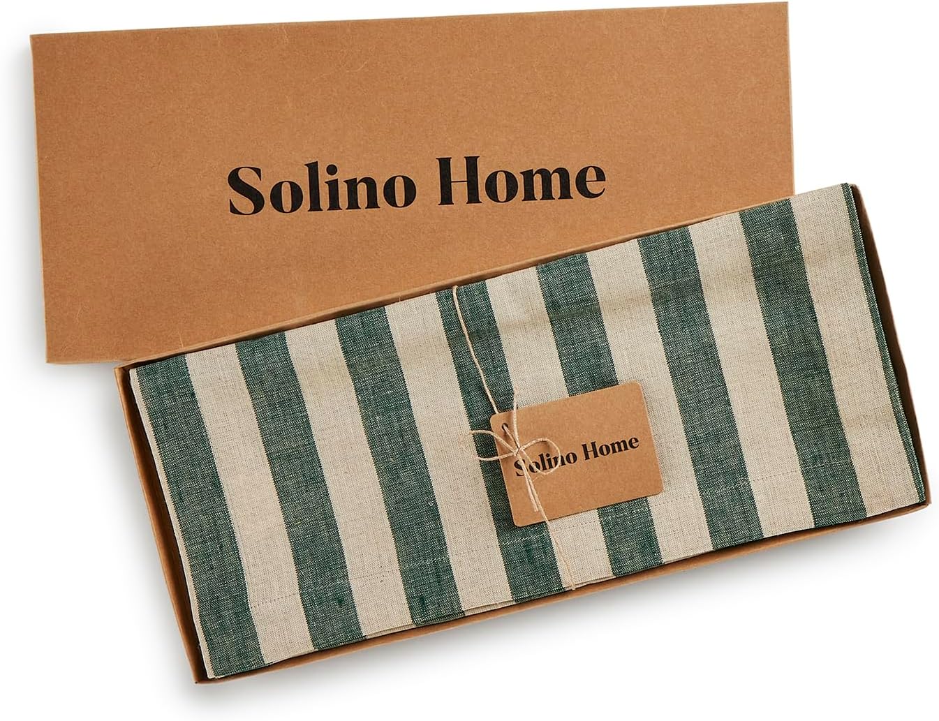 Solino Home Linen Table Runner 156 Inches Long - Sorrento Stripe, 100% Pure Linen Hunter Green and Natural Table Runner 14 x 156 Inch for Dining, Fall, Autumn, Thanksgiving, Christmas