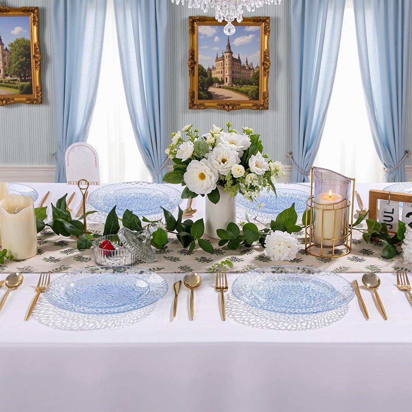 Rubtlamp 60Pcs Plastic Blue Plates, Heavy Duty Disposable Plates, Blue Hammered Party Plate Include 30 Dinner Plate, 30 Dessert Platos, Fancy Disposable Platos For Wedding Parties