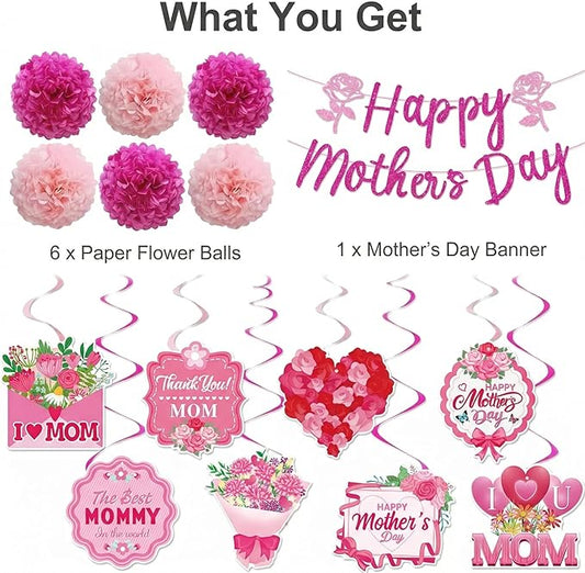 Happy Mothers Day Decorations Party Supplies Kit - Includes Glitter Happy Mother's Day Banner, 6 Paper Pom Poms, Hanging Swirls with Best Mom Ever - Rose Floral Mothers Day Theme Decor for Home Indoor