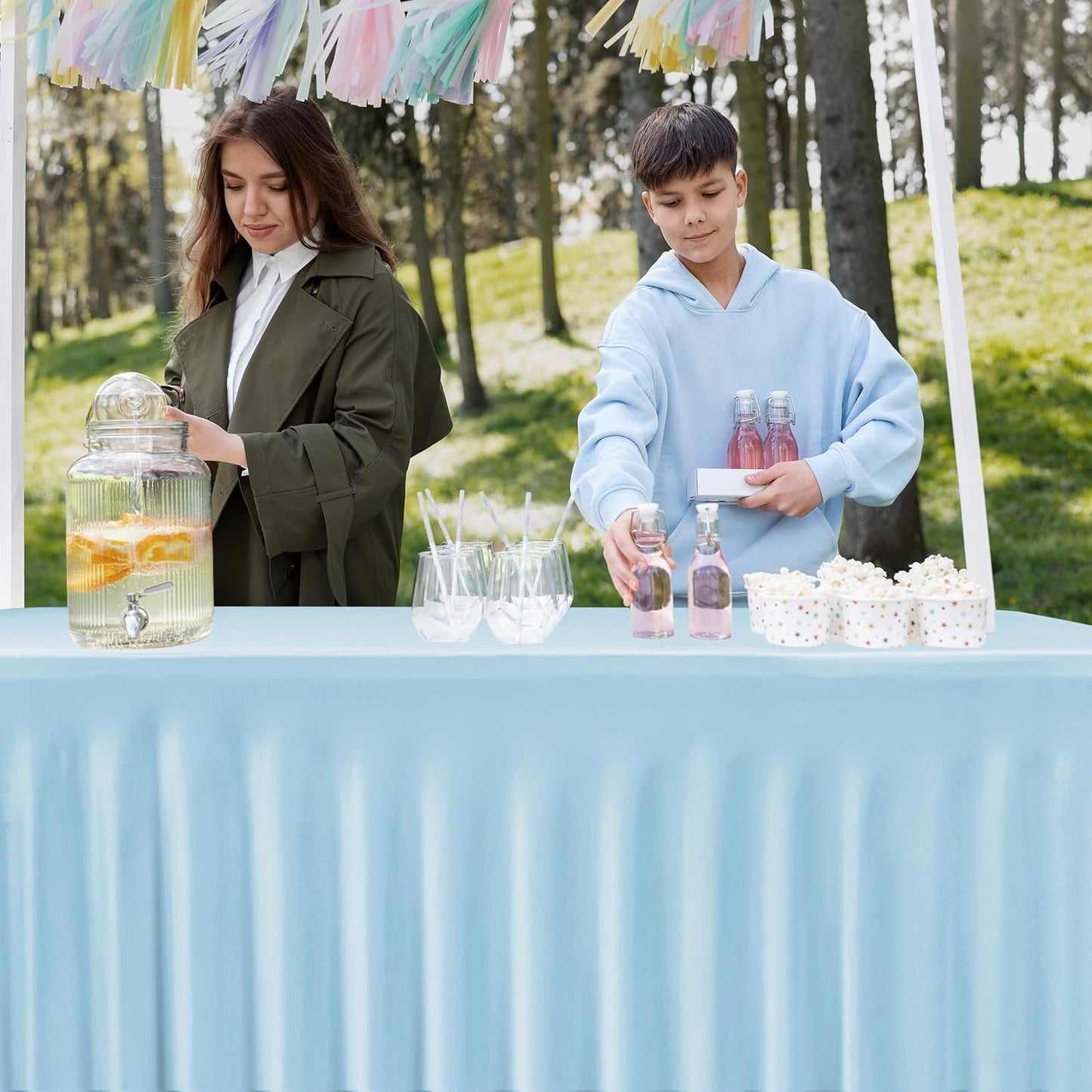 HolidayIdeas Spandex Table Skirts for Rectangle Tables 6 Ft, Fitted Stretch Table Cover 30x72 Inch, Wrinkle-Free Ruffle Design Tablecloths for Banquets,Trade Shows, Parties, Events, 4 Pack, Baby Blue