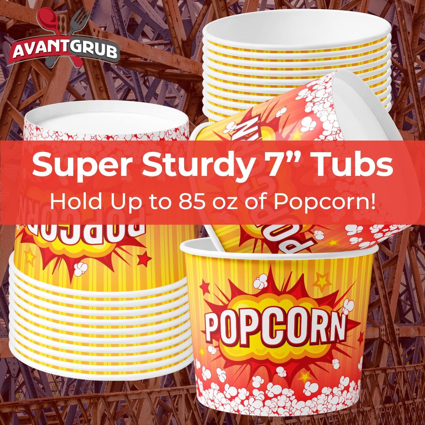 Greaseproof, Retro 85oz Popcorn Buckets 150 Pack. Reusable and Durable Pop Corn Tubs in Red Yellow. Large Disposable Containers Perfect For Movie Night, Theme Party, Theater, Carnivals & Fundraisers