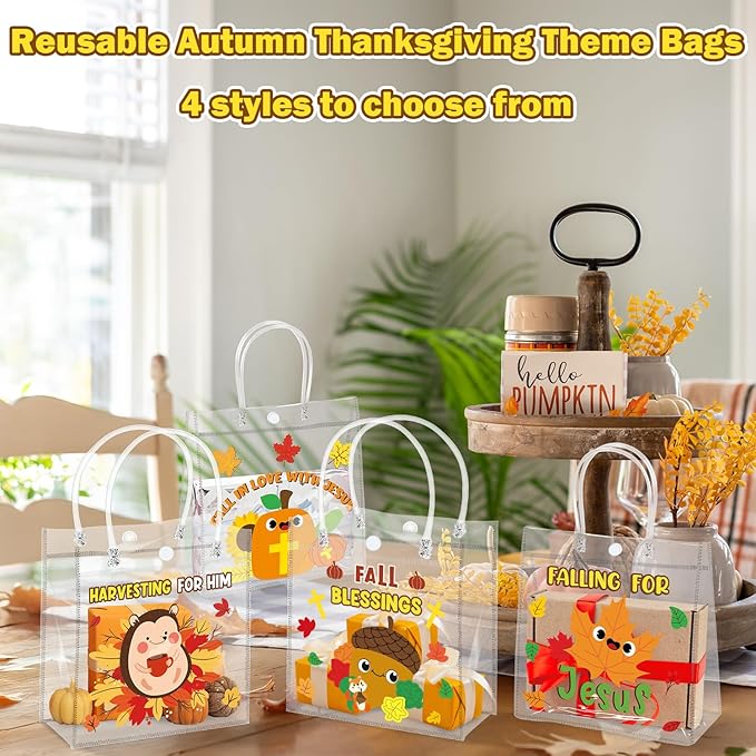 H1vojoxo Fall Blessings Gift Bags - 24PCS Religious Fall Clear PVC Gift Bags with Handle Reusable Christian Autumn Goodie Candy Bag for kids Sunday School Autumn Thanksgiving Party Favor Tote Bag