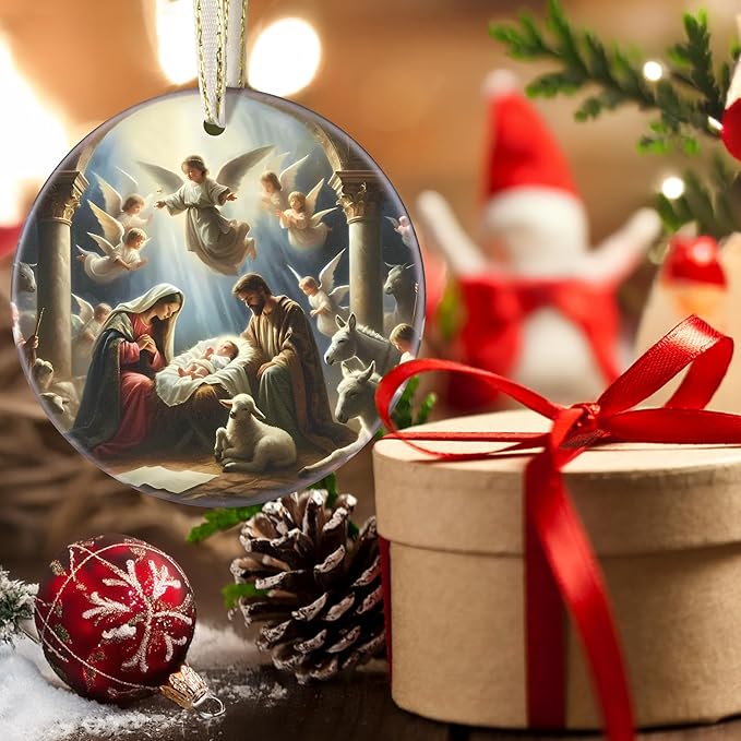 Nativity Christmas Decorations, 3.5 Inch Ceramic Religious Christmas Ornament, Christmas Tree Ornaments, Christian Gifts for Kids, Religious Gifts for Women, Xmas Gifts for Mom, Merry