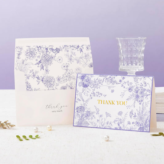 Crisky Purple Floral Thank You Cards with Envelopes and Stickers, 50 Pack Lavender Wedding Thank You Notes Bulk for Bridal Shower Baby Shower Business Graduation, All Occasion