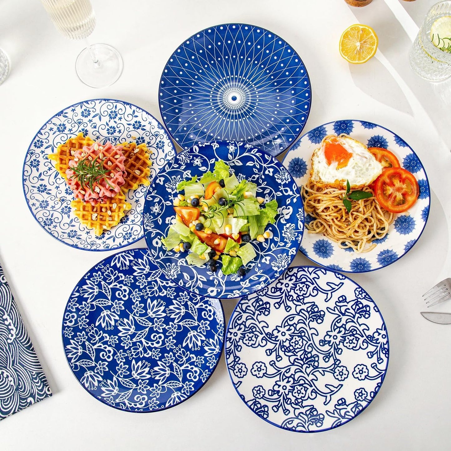 Ceramic Salad Plates Set - 8.5 Inch Kitchen Small Round Dinner - Scratch Resistant Porcelain Microwave Oven Dishwasher Safe - Dishes for Sandwich Dessert Appetizer - Set of 6 - Vintage Blue