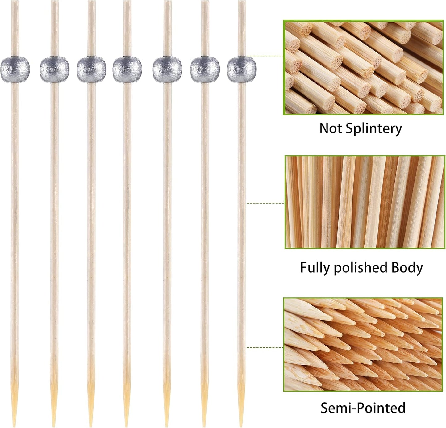 200 Pcs Cocktail Picks, 4.7 Inch Toothpicks for Appetizers, Bamboo Cocktail Sticks Skewers for Drinks, Desserts, Charcuterie, Wedding Party Fancy Toothpicks, Silver Pearl Mini Food Picks Decorative