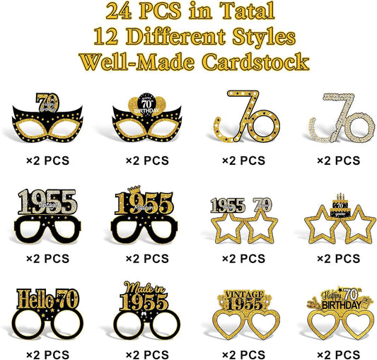 24Pcs 1955 70th Birthday Paper Glasses Decorations for Men Women - Black Gold Happy 70th Birthday Paper Eyeglasses Photo Props, Vintage 1955 Seventy Years Old Birthday Party Supplies