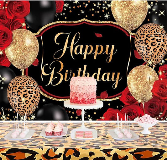 Homewelle Black Gold Happy Birthday Backdrop Polyester Fabric 7Wx5H Feet Red Rose Leopard Balloons Party Banner 30th 40th 50th Event Abstract Celebration Photography Backgrounds Photo Shoot Props
