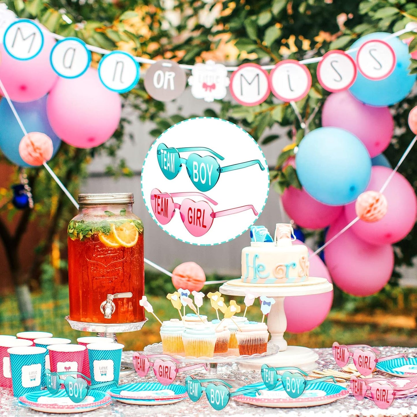Konohan Gender Reveal Glasses Blue and Pink Sunglasses Frameless Team Girl and Team Boy Decor for Gender Reveal Party