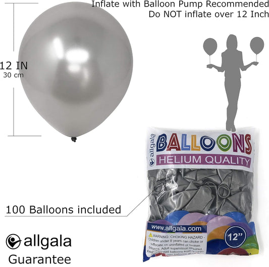 Allgala Latex Balloons for Parties | Helium Grade Bulk Balloon Pack | Ideal for Birthday Party Decorations, Baby Shower, Christmas Party | Colored Balloons for Events | 100ct 12" - Silver