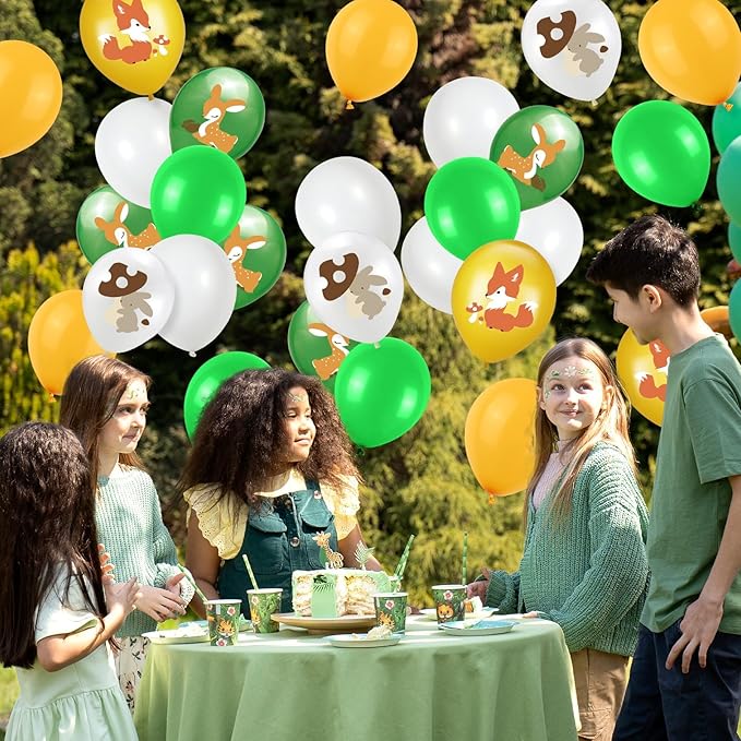 Animal Balloons, 12 Inch Jungle Safari Balloons Animal Rabbit Sika Deer Fox Squirrel Print Balloons Green White Yellow Jungle Safari Theme Party Decorations Party Supplies (4 Kind Of Animal)