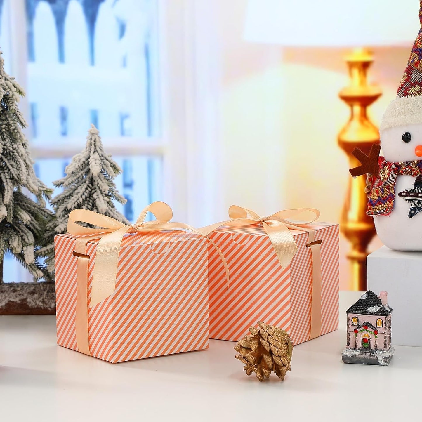 Dispowreath 48 Pcs 4x4x4 Christmas Gift Boxes with Ribbon Xmas Small Box with Lids Treat Boxes for Gift Wrapping Ornaments Wedding Holiday Birthday Party Favor(Stripe)