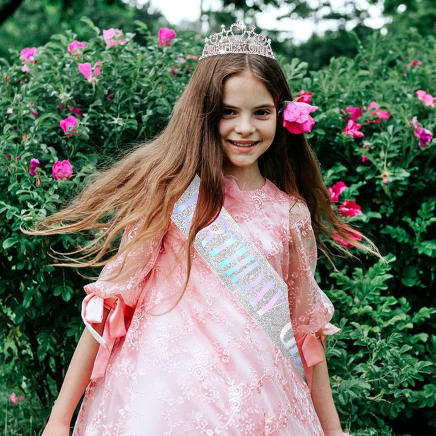 Birthday Girl Tiara and Sash Set - Silver Iridescent Rhinestone Crown & Glitter Sash for Birthday Party, Princess Celebration, Gift for Girls and Women