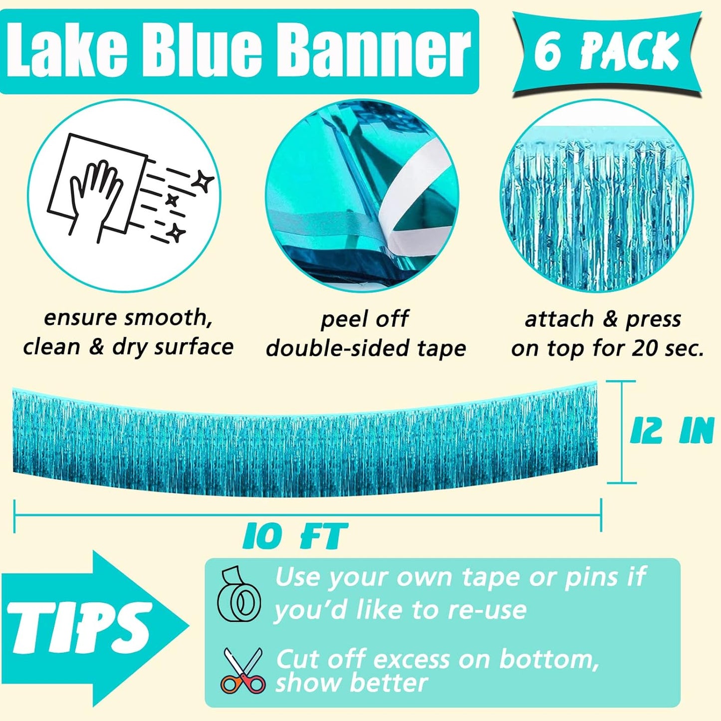 6 Pack 10 Feet Foil Fringe Garland Metallic Tinsel Banner Wall Hanging Curtain Streamers Backdrop for Parade Floats Bachelorette Wedding Birthday Party Thanksgiving Christmas Decorations(Lake Blue)