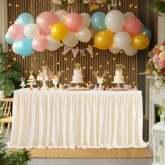 9ft Ivory Table Skirt for Rectangle Tables Polyester Pleated Table Skirt Desk Skirts Ruffle Tablecloth Skirt for Wedding Birthday Party Baby Shower Bridal Shower Banquet Table Decoration