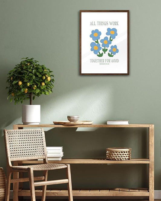 EcoHest Walnut Color OAK Wood God Framed Wall Art, 12x16in Romans 8:28 All Things Work Bible Verse Christian Wall Art, Modern Blue Flower Bedroom Decor For Living Room Bathroom Christian Gift 1Pack